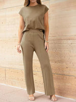 Casual Solid Color Cap Sleeve Top and Pants Knit Set