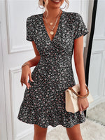 Printed Ruffled Hem V-Neck Short Sleeve Mini Dress