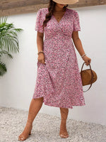 Plus Size Printed V-Neck Short Sleeve Midi Dress