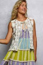 POL Tie Front Floral Pattern Crochet Vest with Scalloped Edge
