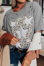 Stars Leopard Graphic Distressed T-Shirt