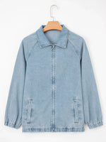 Elastic Edge Collared Zip Up Denim Jacket With Pocket