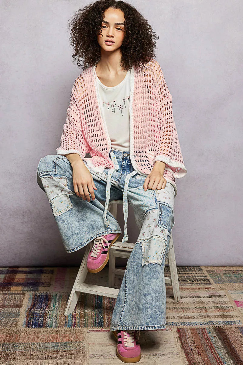 POL Open Front Openwork Cardigan with Contrast Trim
