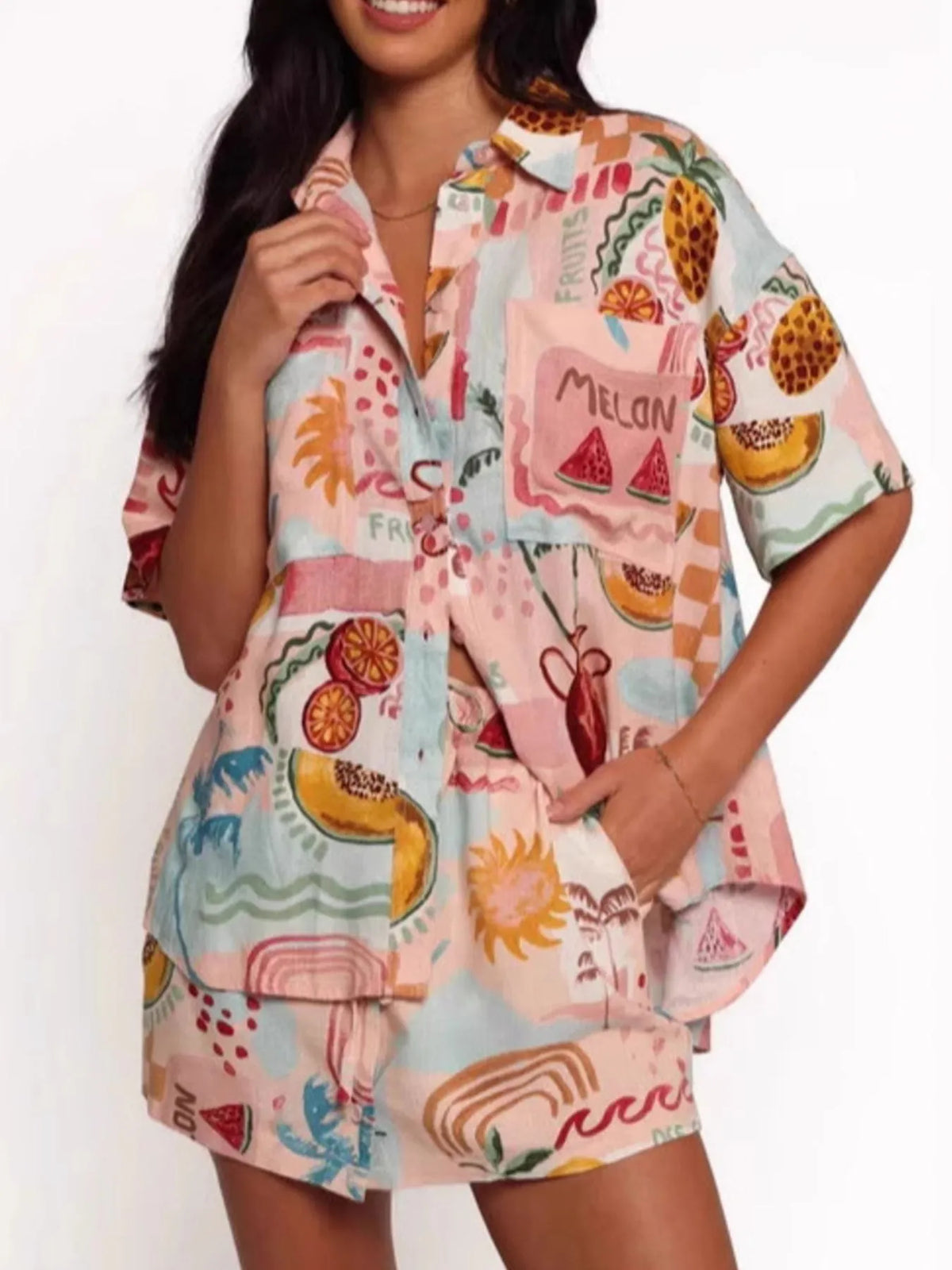 Printed Button Up Shirt and Shorts Set