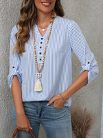 Striped V-Neck Roll-Up Sleeve Blouse