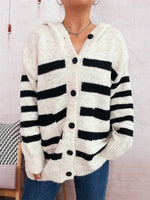Striped Button-Up Hooded Cardigan
