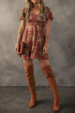 Floral Puff Sleeve Square Neck Knot Open Back Mini Dress