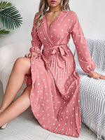 Front Tie Polka Dot Midi Pleated Dress