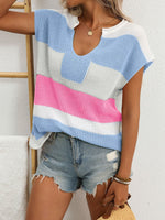 Striped Notched Short Sleeve Sweater