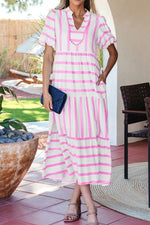 Stripe Ricrac Trim Notched Neck Half Sleeve Dress