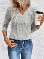 Ribbed V-Neck Long Sleeve Knit T-Shirt