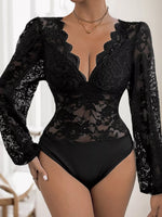 Perfee Lace Plunge Long Sleeve Bodysuit