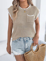 Contrast Trim Round Neck Cap Sleeve Sweater