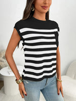 Striped Mock Neck Cap Sleeve Knit Top
