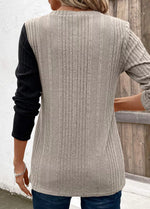 Color Block Ribbed Knit Decor Button T-Shirt