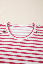 Stripe Textured Knit Button Detail Short Sleeve Casual Tee