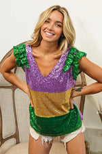 BiBi Mardi Gras Sequin Color Block RuffledTop