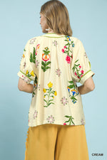 Umgee Botanical Print Contrast Trim Button Blouse