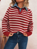 Contrast Striped Sweater with Denim Collar