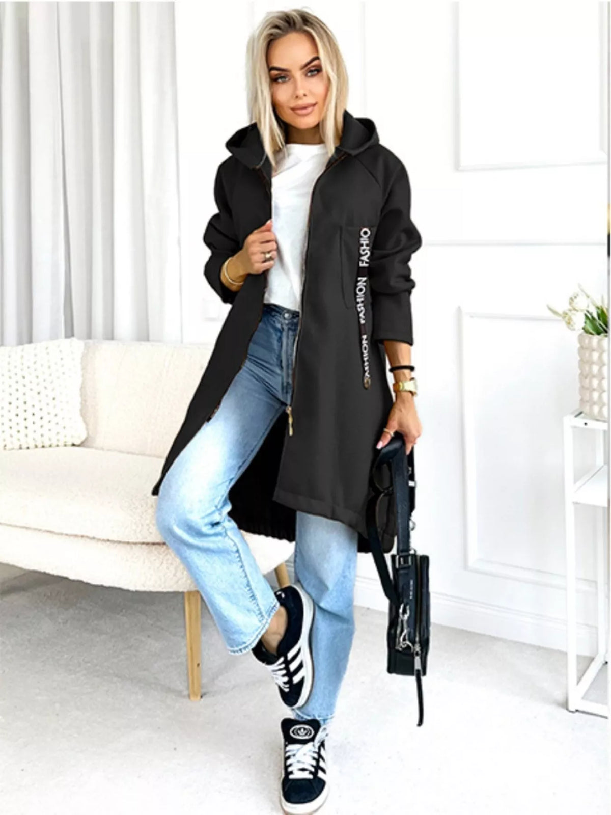 Full Size Zip Up Longline Hooded Outerwear Plus Size