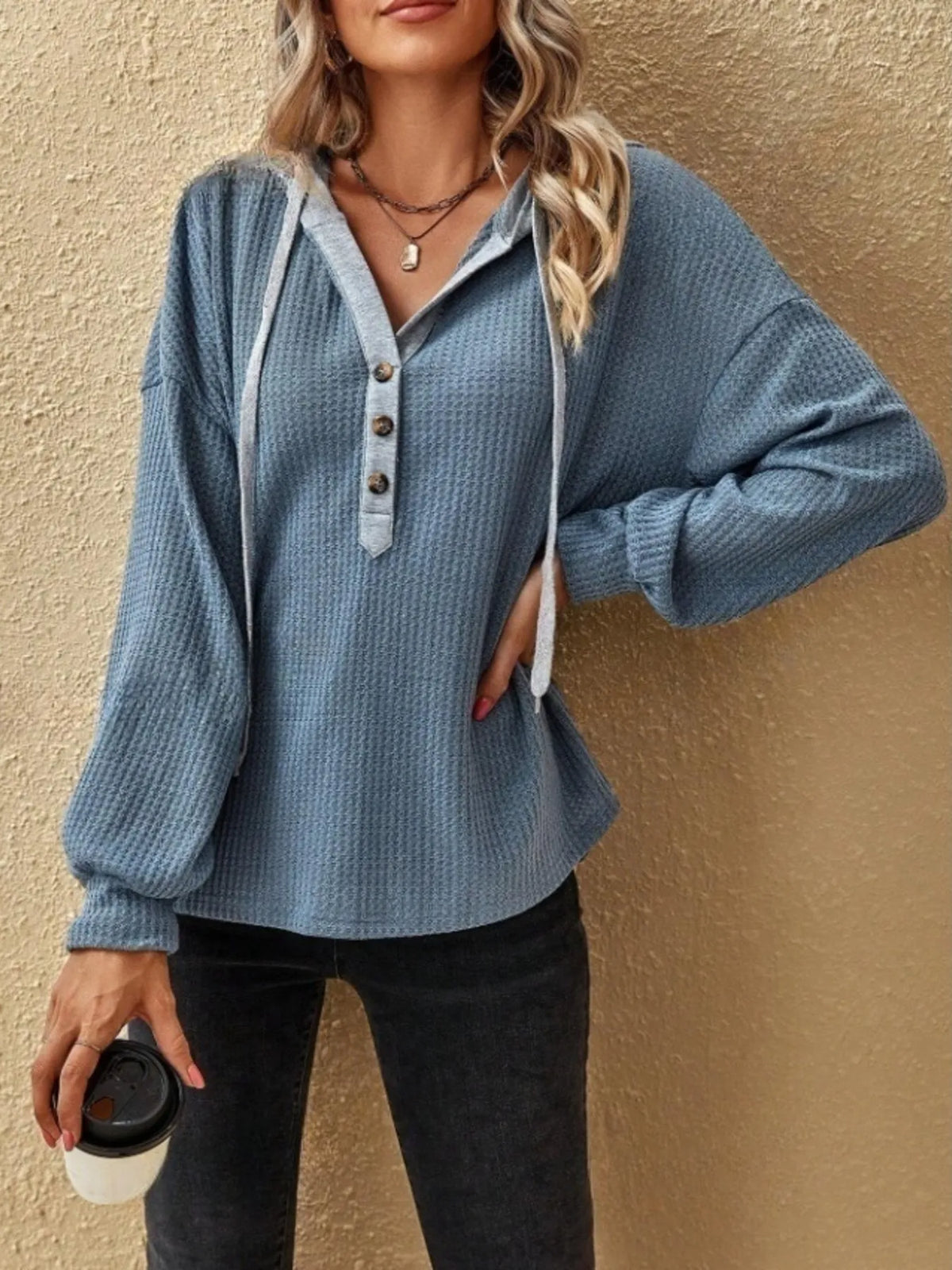 Drawstring Waffle Knit Hoodie
