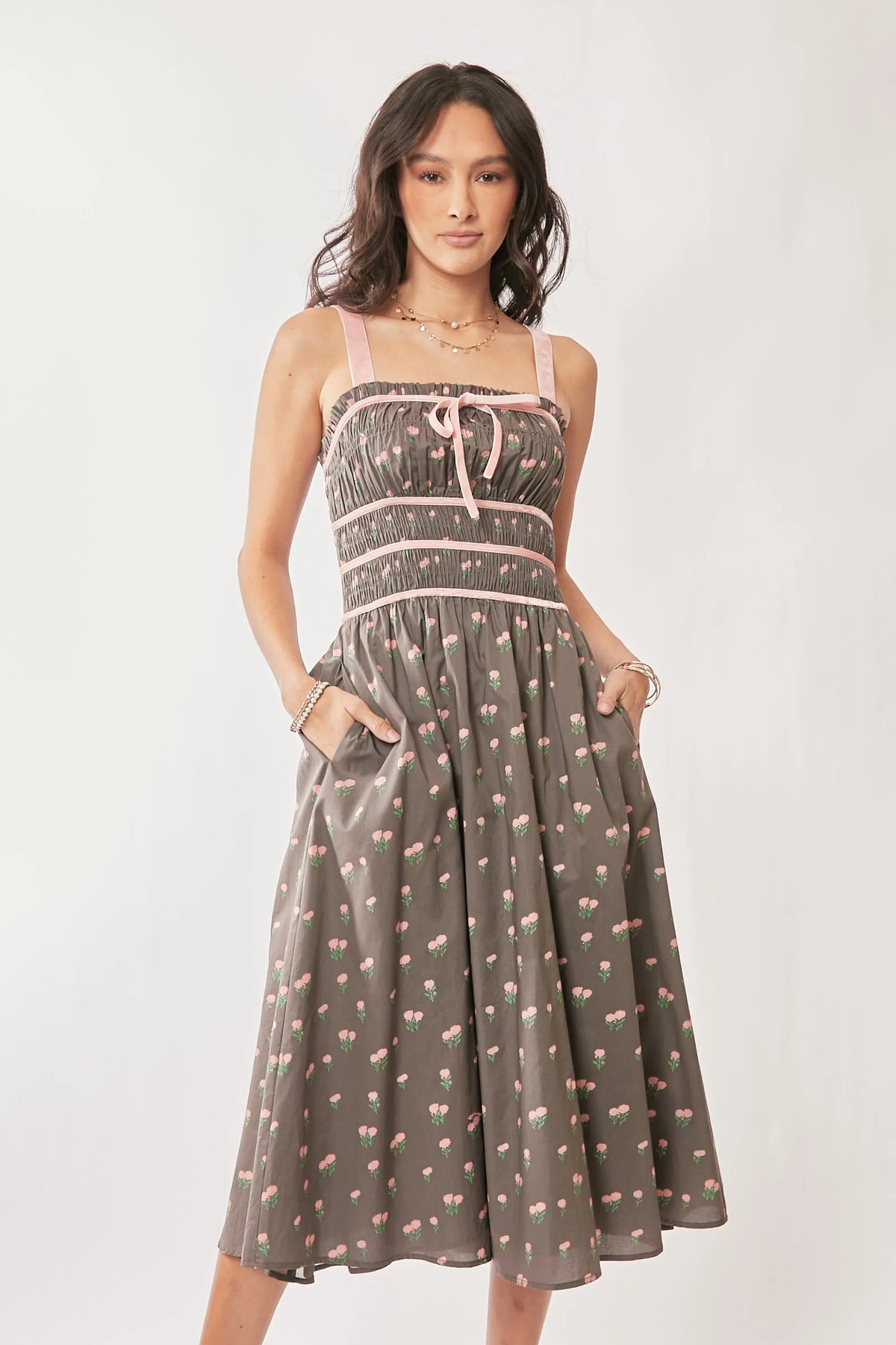 Davi & Dani Contrast Velvet Tape Smocking Bodice Midi Dress