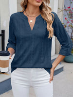 Eyelet Notched Roll-Tab Sleeve Top