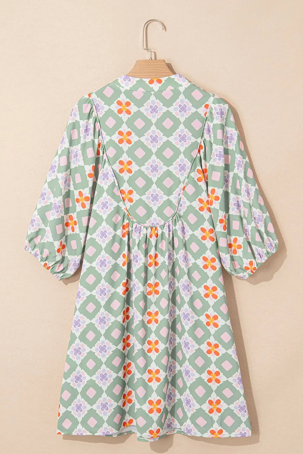Printed Notched 3/4 Balloon Sleeves Loose Dress