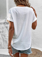 Eyelet V-Neck Short Sleeve Blouse