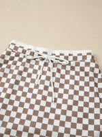 Checkered Print Polo Collar Cropped Long Sleeve Top and Drawstring Mini Skirt Set