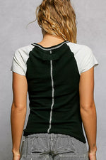 POL Round Neck Outseam Detail T-Shirt with Contrast Color Sleeves