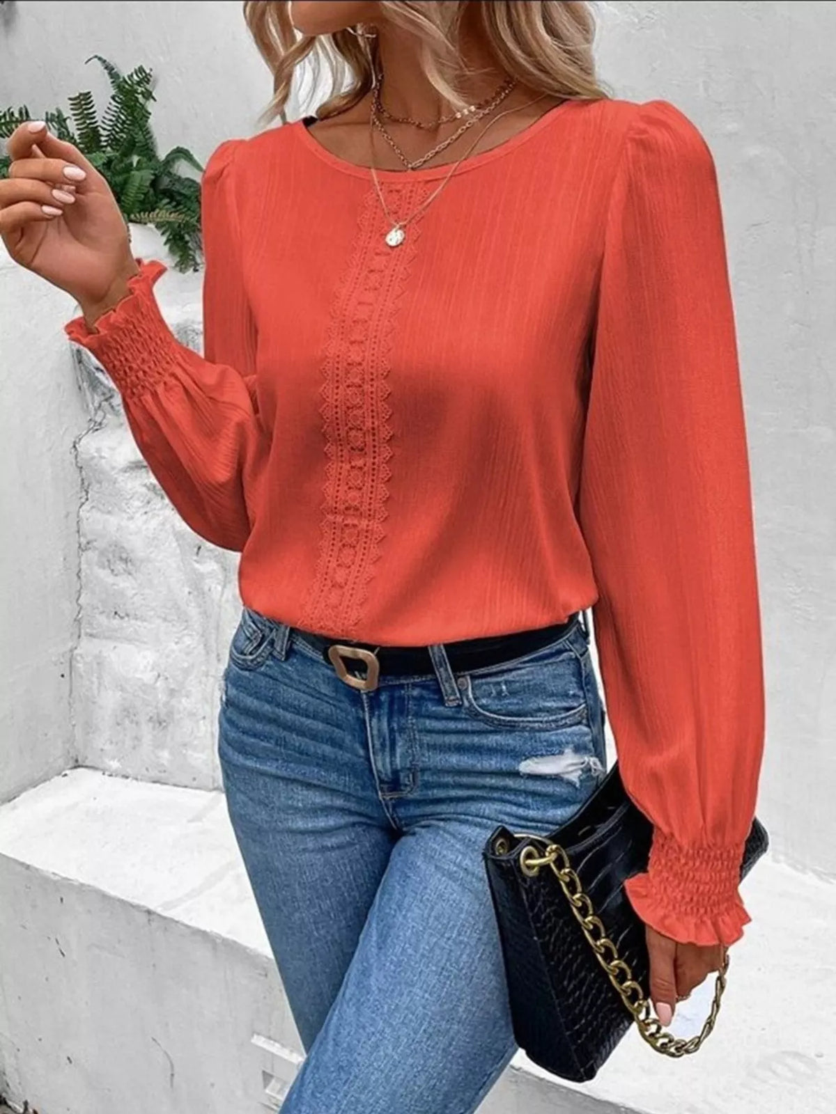 Lace Trim Long Sleeve Blouse