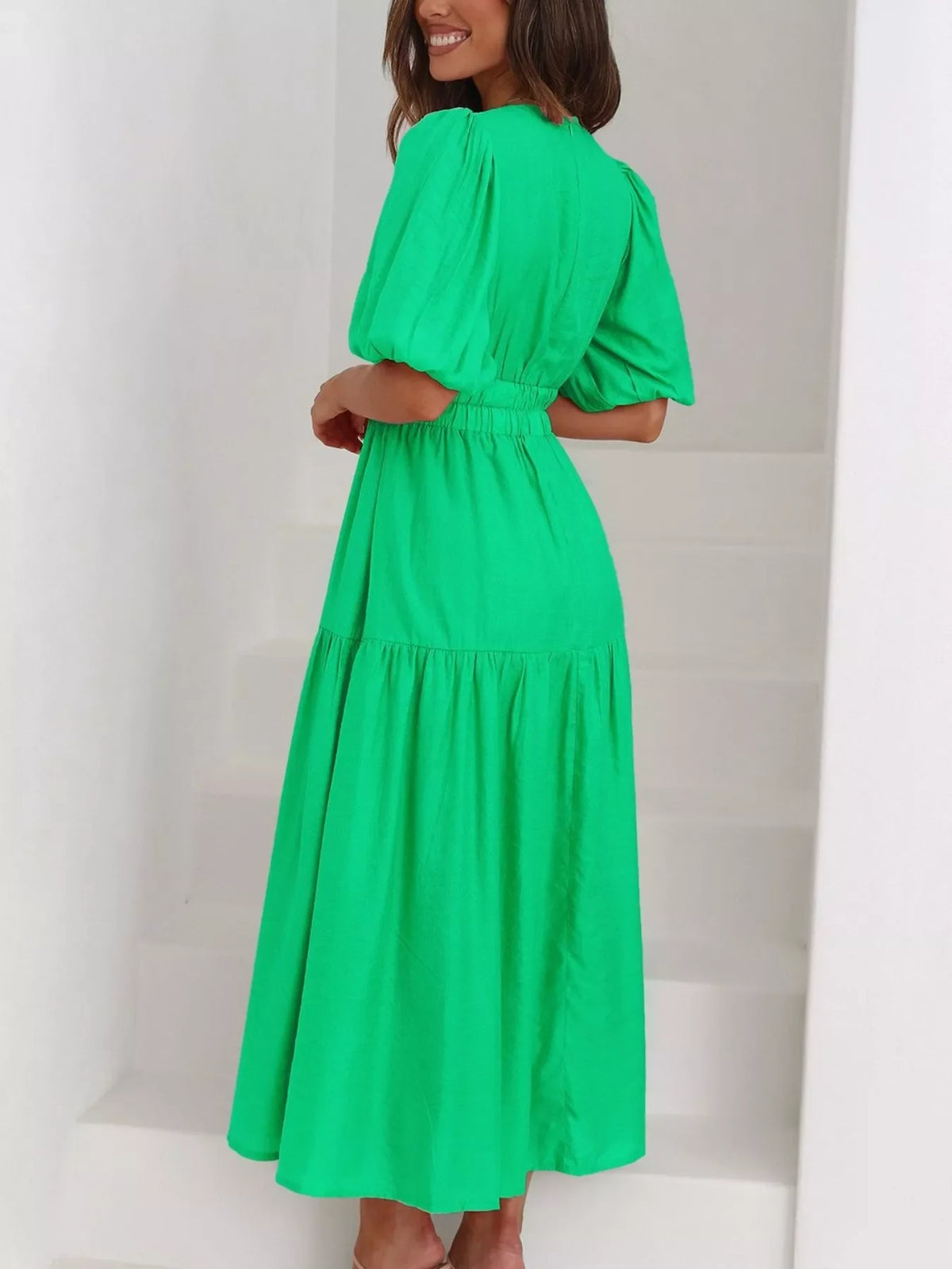 V-Neck Puff Sleeve Midi Dress
