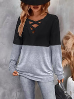 Crisscross V-Neck Color Block Long Sleeve T-Shirt