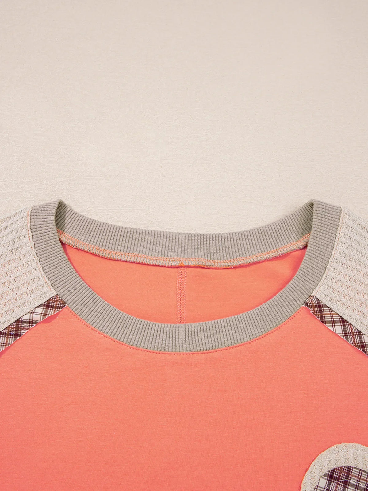 Plaid Waffle Flower Patchwork Contrast Top