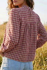 Country Plaid Long Sleeve Button Keyhole Pleated Loose Blouse