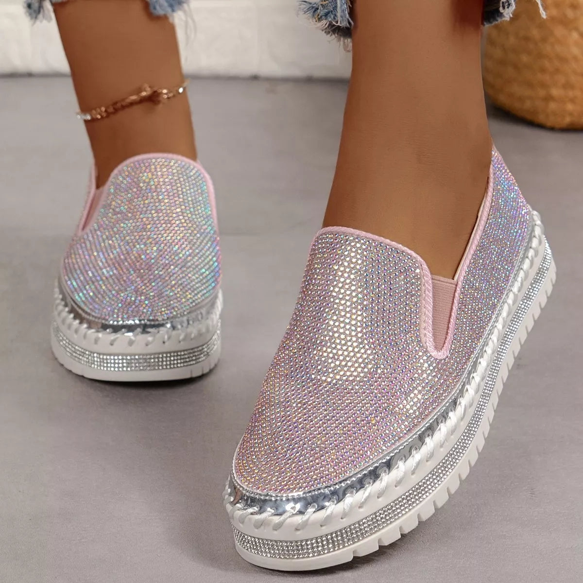 Rhinestone Round Toe Platform Loafers