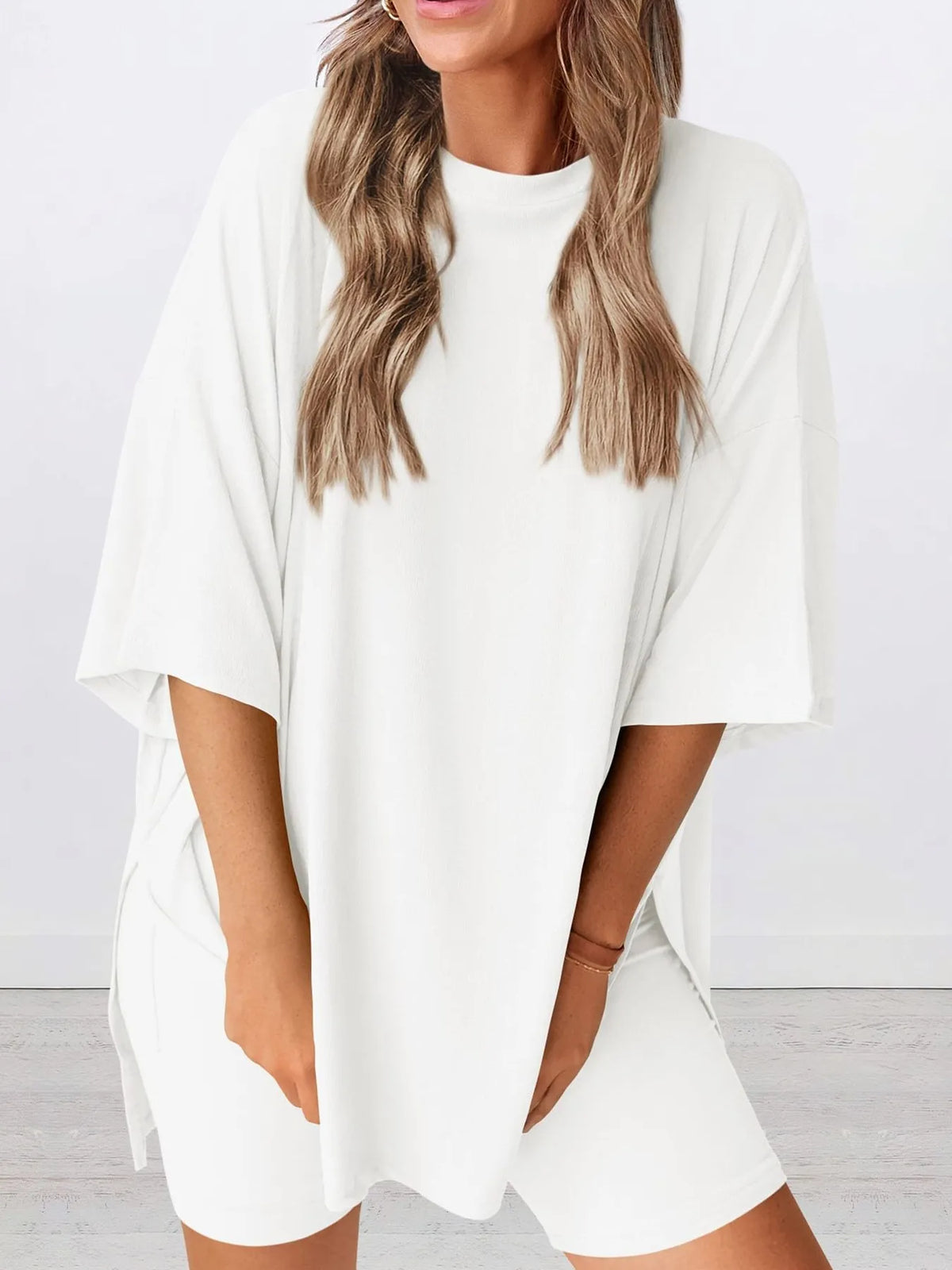 Full Size Oversized Slit Round Neck Top and Shorts Lounge Set Plus Size