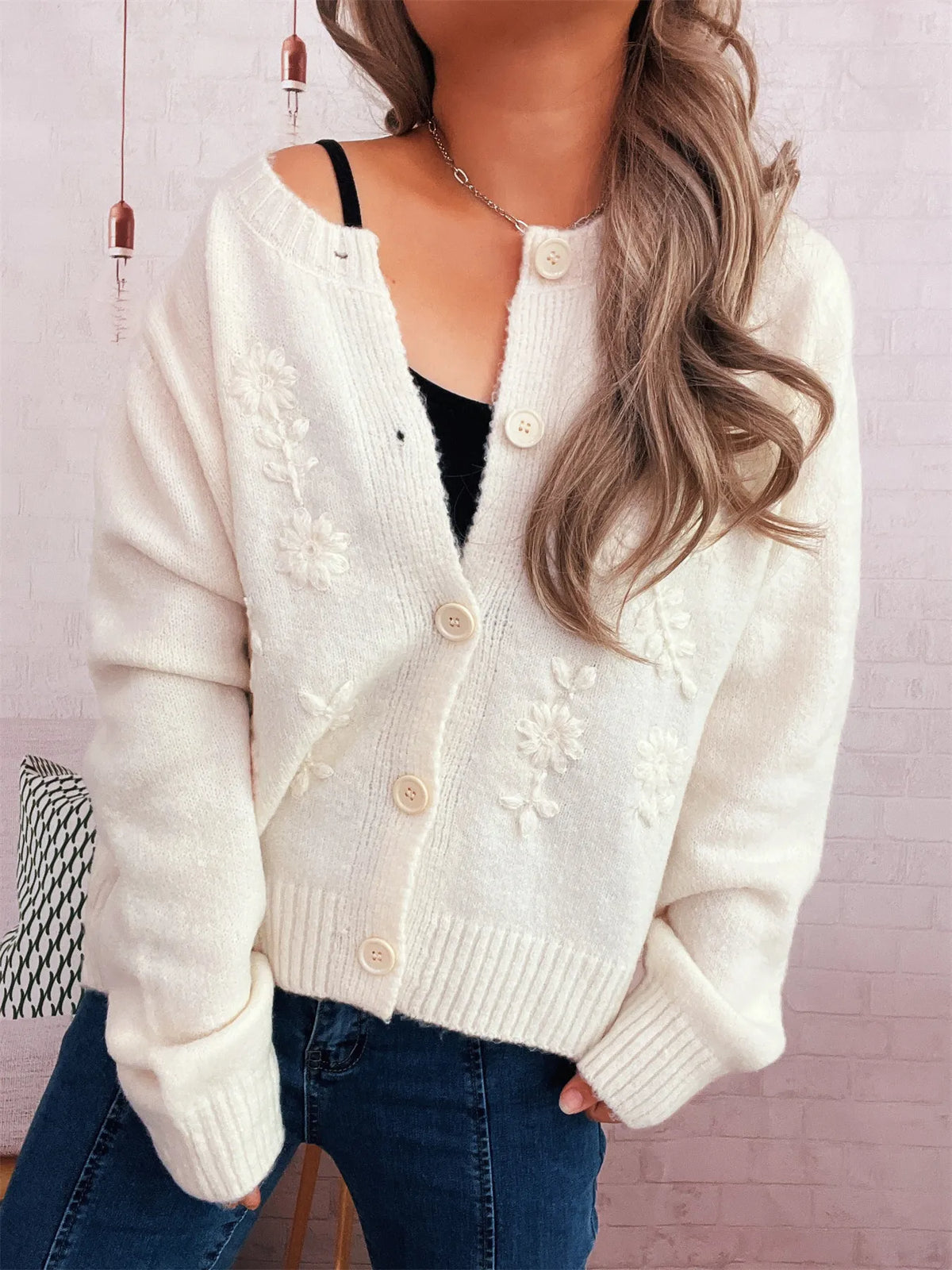 Flower Button Up Ribbed Hem Cardigan