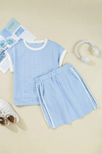 Contrast Trim Textured Crewneck Tee and Pocketed Skirt Set