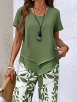Layered Top and Leaf Print Cropped Pants Set