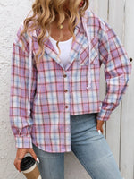 Plaid Button-Up Hooded Shirt with Chest Pocket