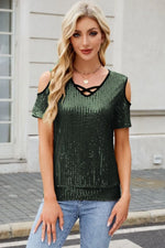 Sequin Cold Shoulder Short Sleeve Blouse