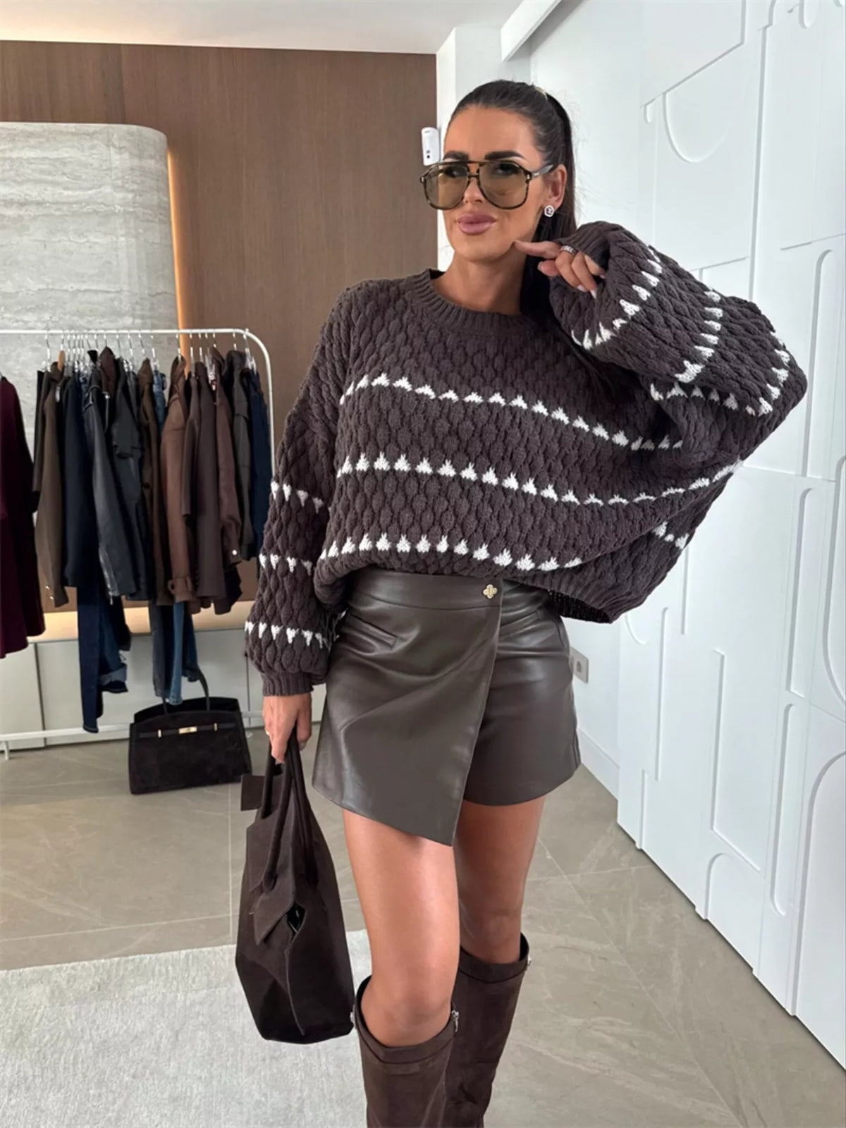 Chunky Knit Striped Sweater with Balloon Sleeves