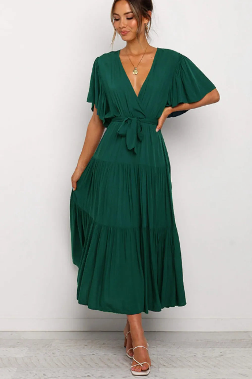 Front Tie Short Sleeve Tiered Midi Dress