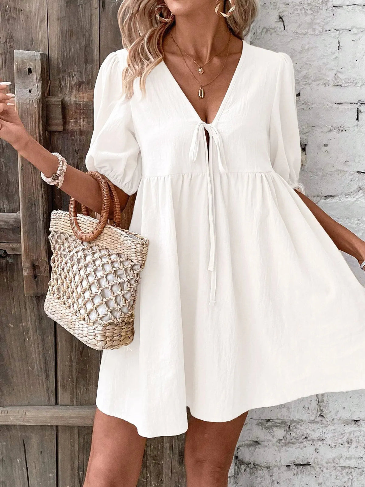 V-Neck Tie-Front Mini Dress with Puff Sleeves