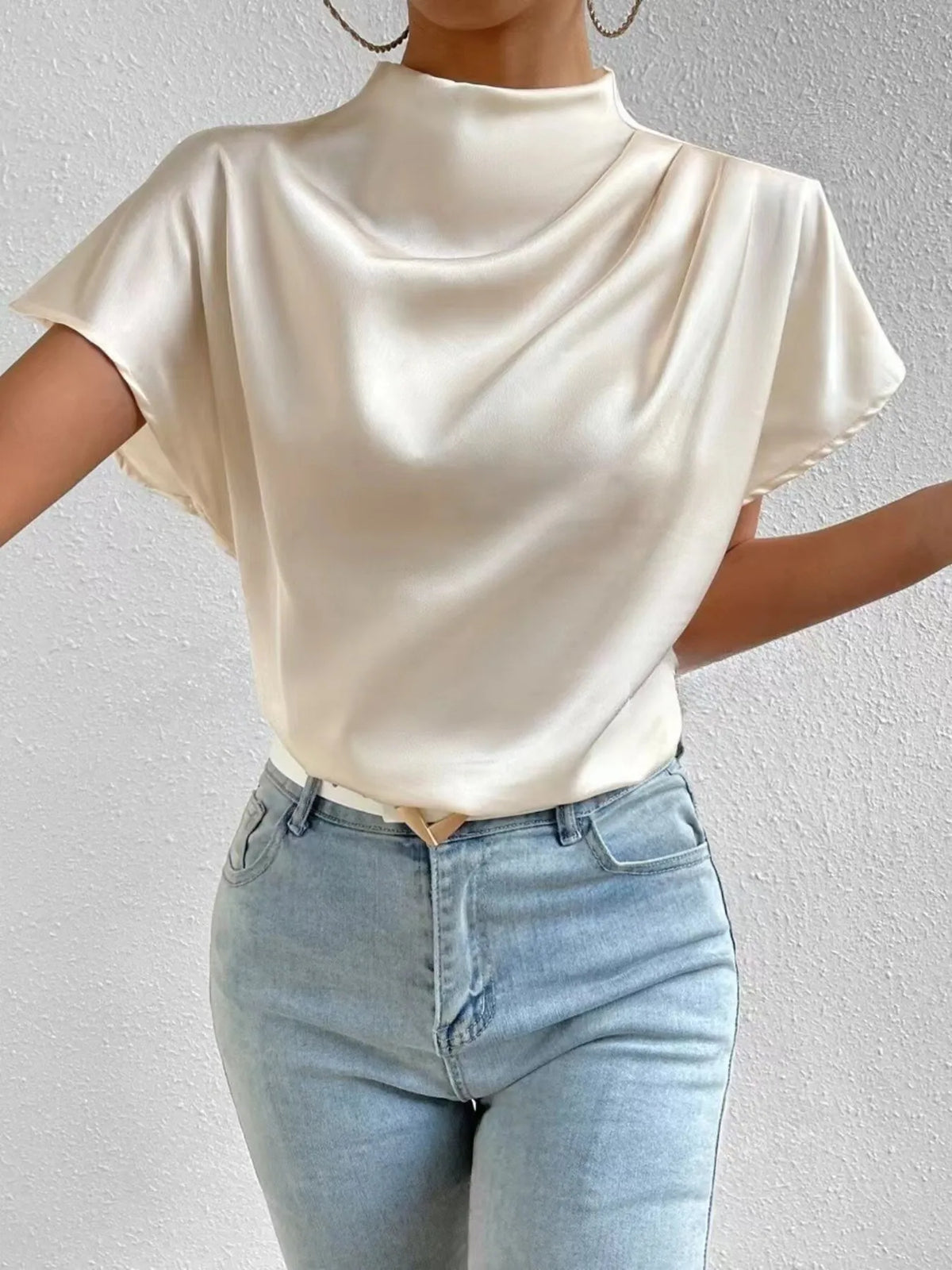 Mock Neck Short Sleeve Satin Blouse