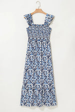 Smocked Printed Square Neck Dress