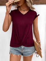 Ivy Lane Spliced Lace V-Neck Twisted Hem Tee