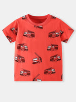 Children's Fire Truck Print Crew Neck Short Sleeve T-Shirt
